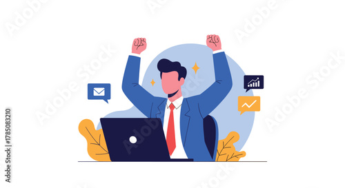 Successful business professional celebrating a significant achievement with arms raised in triumph in front of a laptop and abstract background elements.