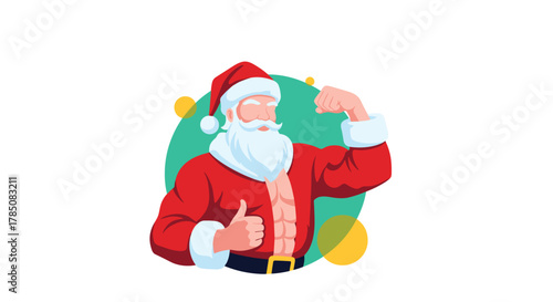 Santa Claus flexes his muscles showing he is strong and fit for the holiday season.
