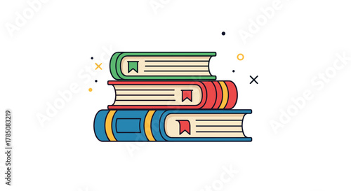 A stack of three colorful hardcover books on a white background with small sparkles.