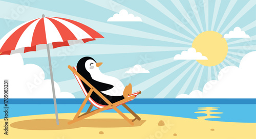 A happy penguin relaxing on a beach chair under a sun umbrella enjoying a sunny day.