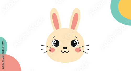 A cute cartoon rabbit illustration with blush on its cheeks and soft pastel circles in the background.