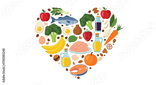 A visually appealing collection of healthy food items arranged in a heart shape. The image showcases a variety of nutritious ingredients that contribute to a balanced diet.