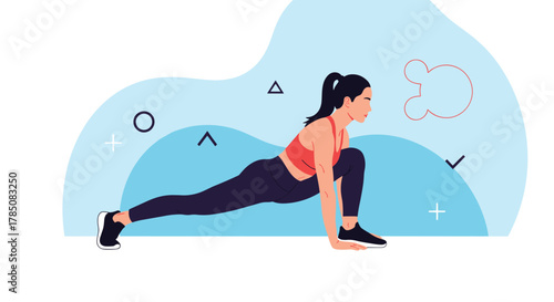 Young woman doing a deep lunge exercise to stretch her leg muscles.