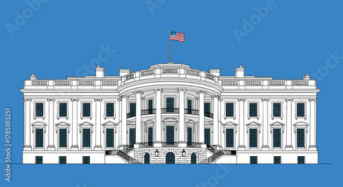 A detailed digital illustration of the White House featuring its iconic architecture against a solid blue background.