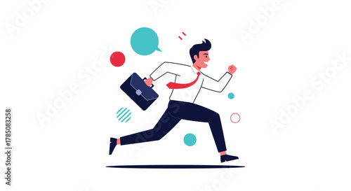 A businessman in a suit runs with a briefcase while colorful circles float around him.