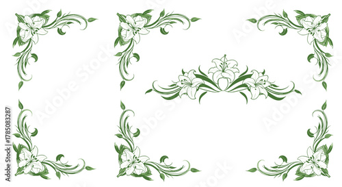 Elegant green botanical floral corner accents and decorative dividers for graphic design projects