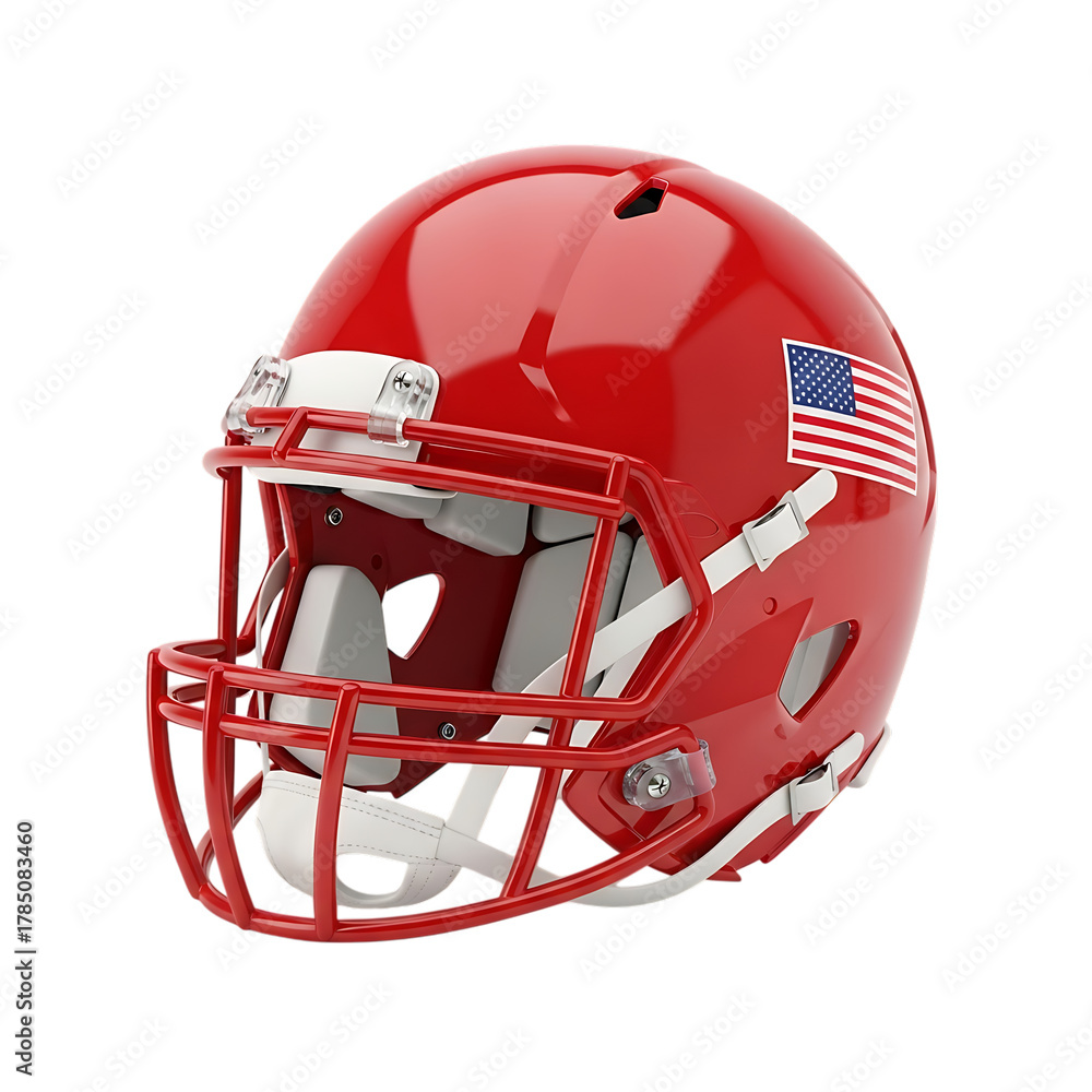 Fototapeta premium Red American Football Helmet, with U S Flag Decal, cutout, PNG isolated on white or transparent background