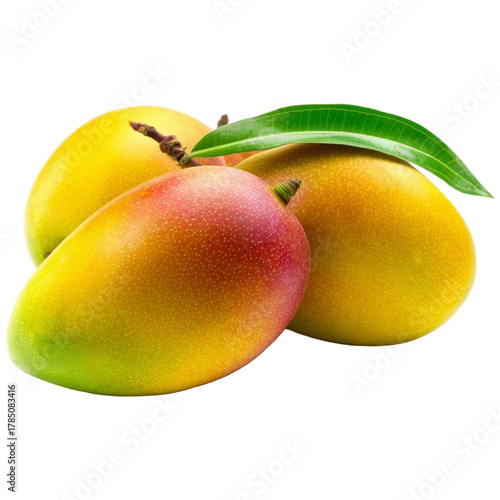 Fresh ripe mangoes with a green leaf, healthy juicy tropical fruit