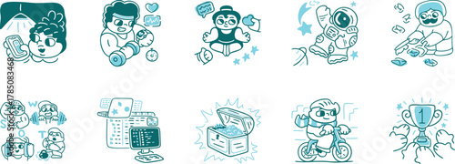 set of doodles, Modern colored Line Art Icons Digital Life, Tech, Social Media, Human Connection for UI UX, Apps, Websites, Marketing