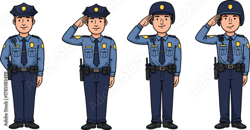 Cartoon police officer character in blue uniform saluting with cap and helmet, law enforcement illustration for security, protection, authority design