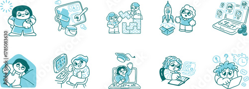 set of doodles, Modern colored Line Art Icons Digital Life, Tech, Social Media, Human Connection for UI UX, Apps, Websites, Marketing