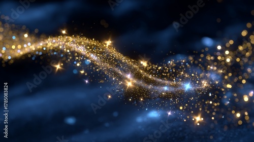 Golden sparkling glitter and twinkling stars on dark background