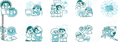 set of doodles, Modern colored Line Art Icons Digital Life, Tech, Social Media, Human Connection for UI UX, Apps, Websites, Marketing