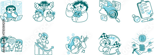 set of doodles, Modern colored Line Art Icons Digital Life, Tech, Social Media, Human Connection for UI UX, Apps, Websites, Marketing