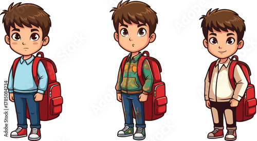 Cartoon schoolboy character with backpack in different outfits and poses for education, learning, classroom, children lifestyle vector illustration