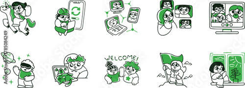 set of doodles, Modern colored Line Art Icons Digital Life, Tech, Social Media, Human Connection for UI UX, Apps, Websites, Marketing