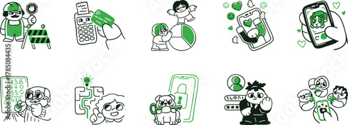 set of doodles, Modern colored Line Art Icons Digital Life, Tech, Social Media, Human Connection for UI UX, Apps, Websites, Marketing