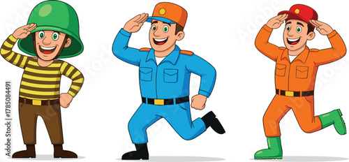Cartoon soldiers and military characters saluting in colorful uniforms, smiling vector illustration for defense, training, teamwork, discipline, security, and protection.
