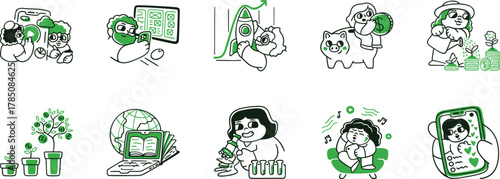 set of doodles, Modern colored Line Art Icons Digital Life, Tech, Social Media, Human Connection for UI UX, Apps, Websites, Marketing
