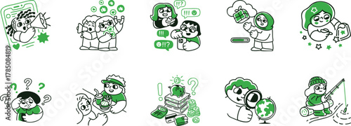 set of doodles, Modern colored Line Art Icons Digital Life, Tech, Social Media, Human Connection for UI UX, Apps, Websites, Marketing