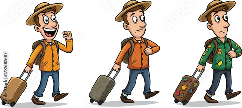 Cartoon traveler man carrying suitcase and backpack, adventure journey character illustration, holiday tourist walking with luggage, vector travel explorer art.