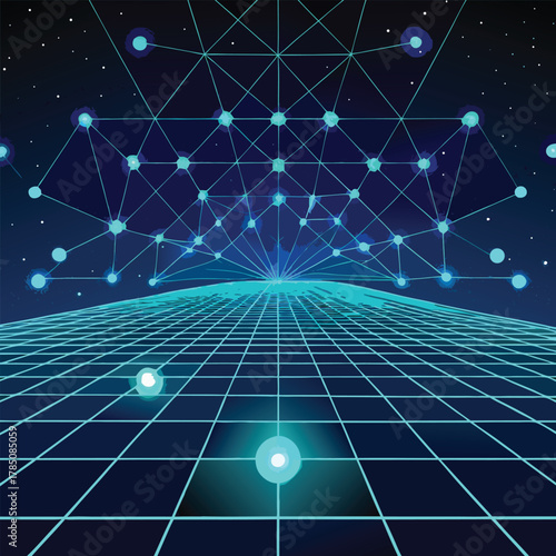 Futuristic Network Grid with Glowing Nodes in Space