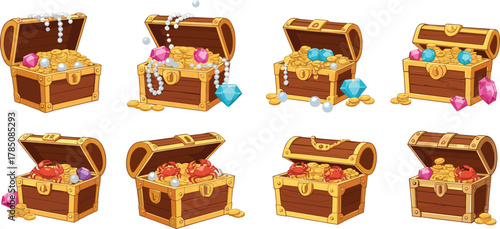 Cartoon treasure chests filled with gold coins, gems, pearls, apples in fantasy style for adventure, wealth, and game design themes.