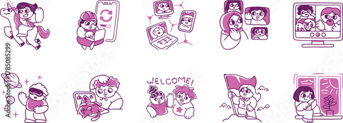 set of doodles, Modern colored Line Art Icons Digital Life, Tech, Social Media, Human Connection for UI UX, Apps, Websites, Marketing