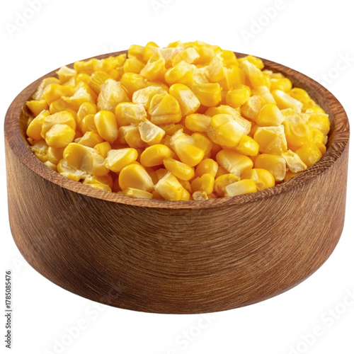 Vibrant yellow corn kernels in rustic wooden bowl, healthy food
