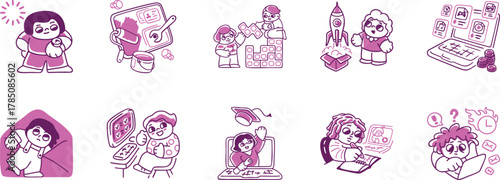 set of doodles, Modern colored Line Art Icons Digital Life, Tech, Social Media, Human Connection for UI UX, Apps, Websites, Marketing