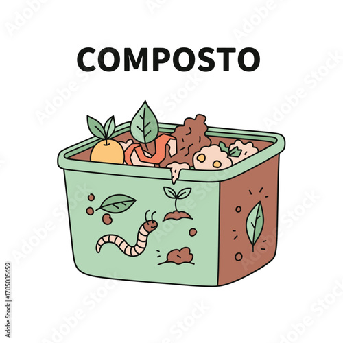 A cartoon illustration of a compost bin filled with organic waste, showing a worm and sprout, with the word "COMPOSTO" above.