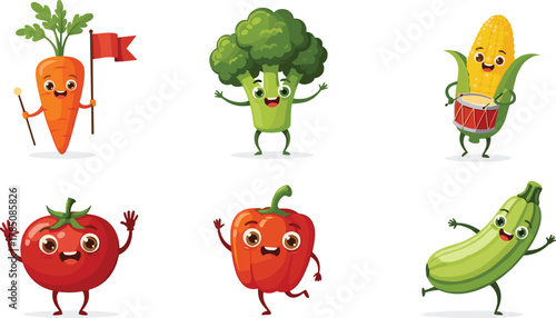 Cartoon Vegetable Characters with Funny Faces – Carrot, Broccoli, Corn, Tomato, Bell Pepper, Zucchini Vector for Kids, Healthy Food Design