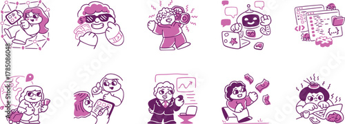 set of doodles, Modern colored Line Art Icons Digital Life, Tech, Social Media, Human Connection for UI UX, Apps, Websites, Marketing