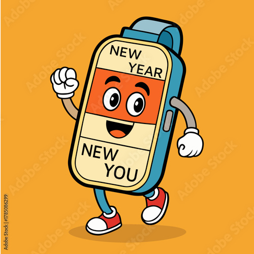 Happy cartoon fitness tracker character celebrating new year new you with excitement