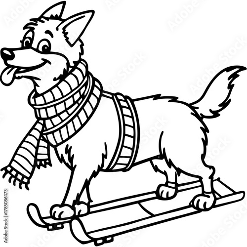 Happy cartoon dog wearing a scarf and riding on a sled