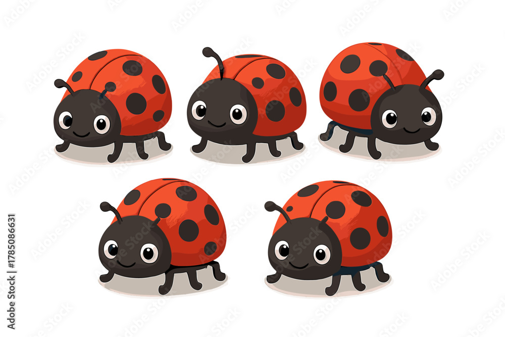 Fototapeta premium Set of cute cartoon ladybugs with happy expressions isolated on white background