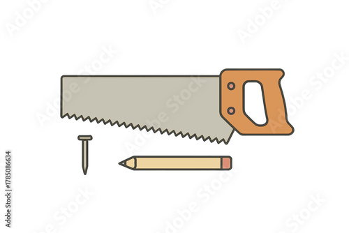 Hand saw nail and carpenter pencil tools set icon graphic