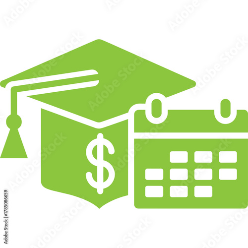 Graduation hat with dollar sign and calendar representing student finance programs, tuition payment, and scholarship services in the US.