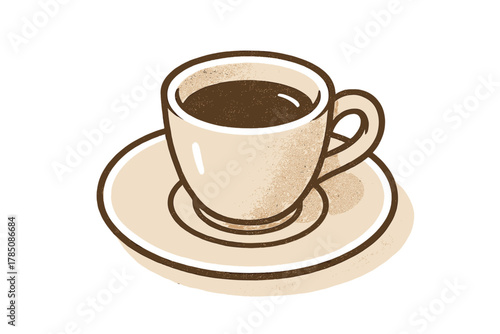 Stylized coffee cup and saucer with dark beverage