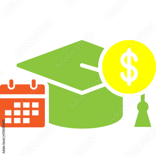 Graduation hat with dollar sign and calendar representing student finance programs, tuition payment, and scholarship services in the US.