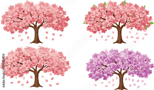 Cherry Blossom Tree Vector Set – Stylized Spring Trees with Pink and Purple Flowers, Petal Fall, Seasonal Nature Art, and Botanical Design