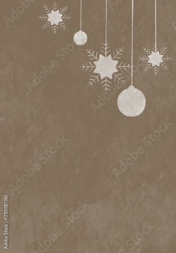 Minimalist Hanging Snowflakes and Ornaments on Textured Winter Background | Simple Holiday Template