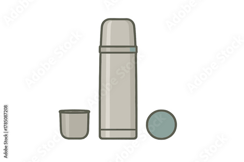 Camping vacuum flask with detached cup and lid isolated on white