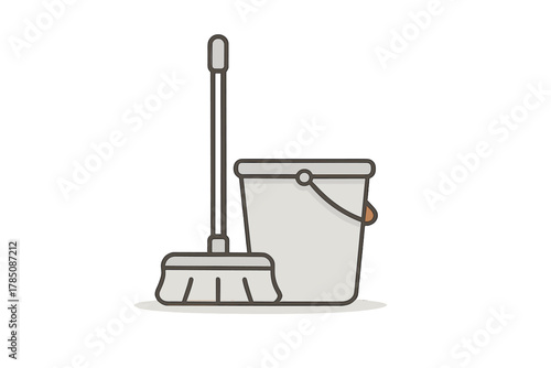 Set of simple cleaning tools featuring mop and bucket icons