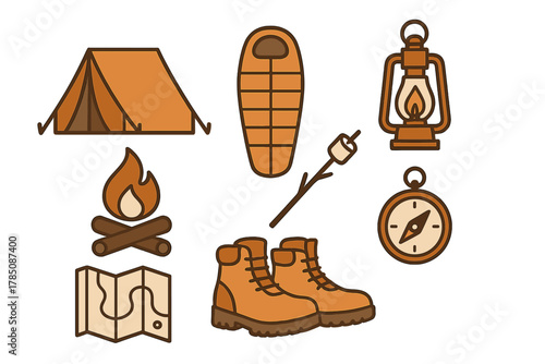 Essential outdoor camping and hiking equipment icons for adventure travel