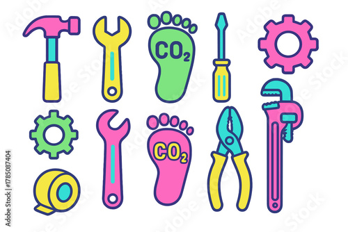 Brightly colored set of building equipment and environmental impact symbols