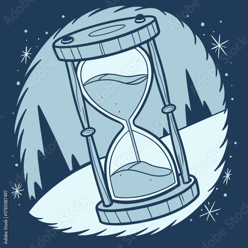 Hourglass in a winter forest scene at night time