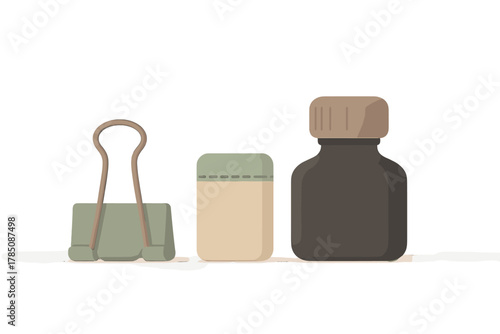 Binder clip eraser and ink bottle supplies composition