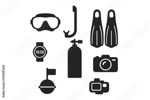 Black silhouette icons representing scuba diving and essential underwater equipment