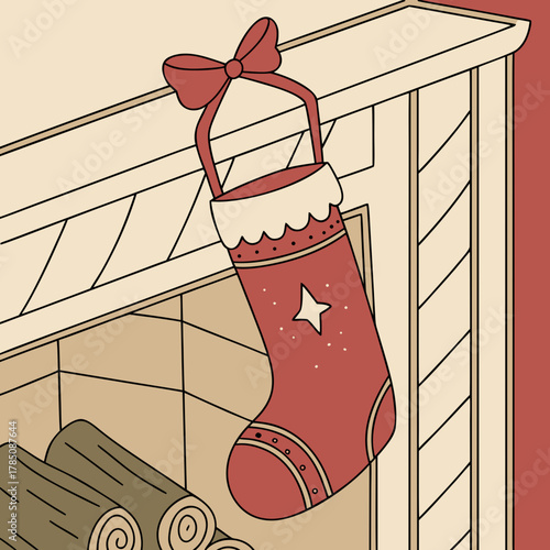 Cozy Christmas Stocking Hanging on Fireplace Mantel with Logs vector illustration